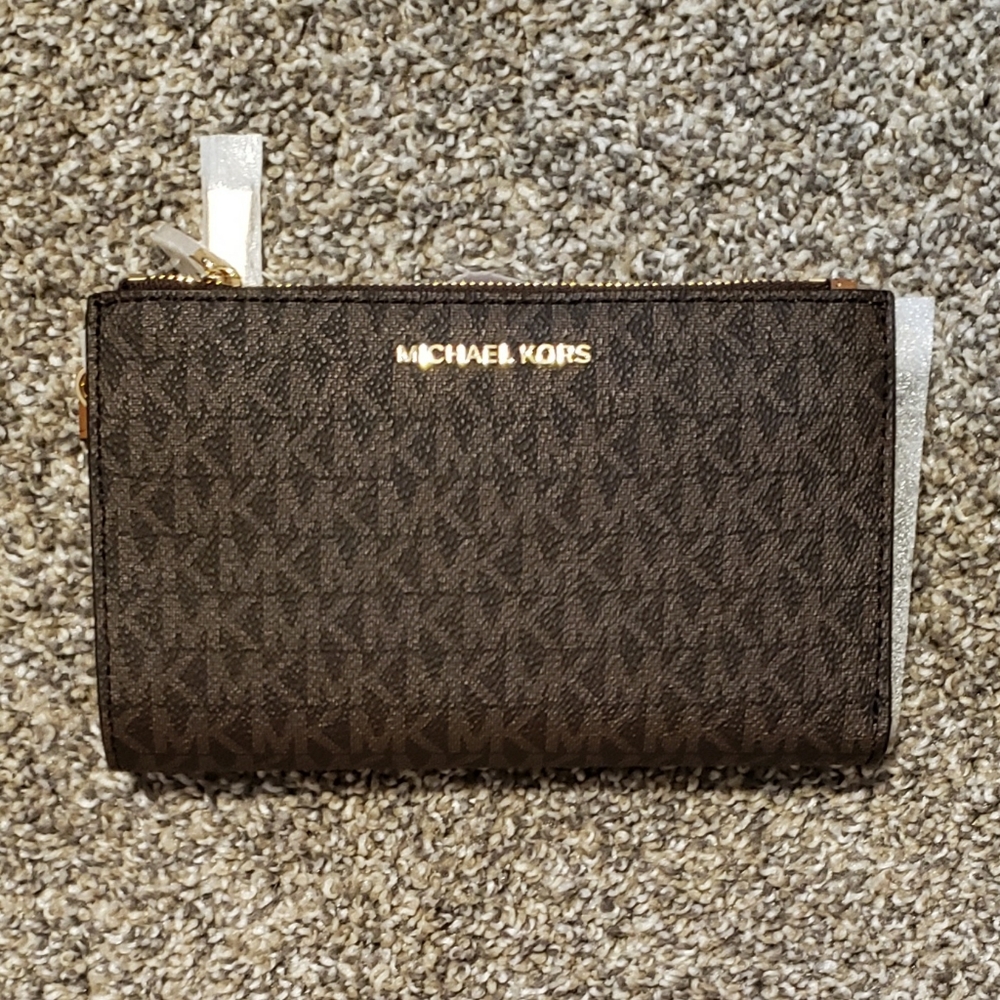 Michael Kors Adele Leather Smartphone Wallet, Double Zip Wristlet, Brown